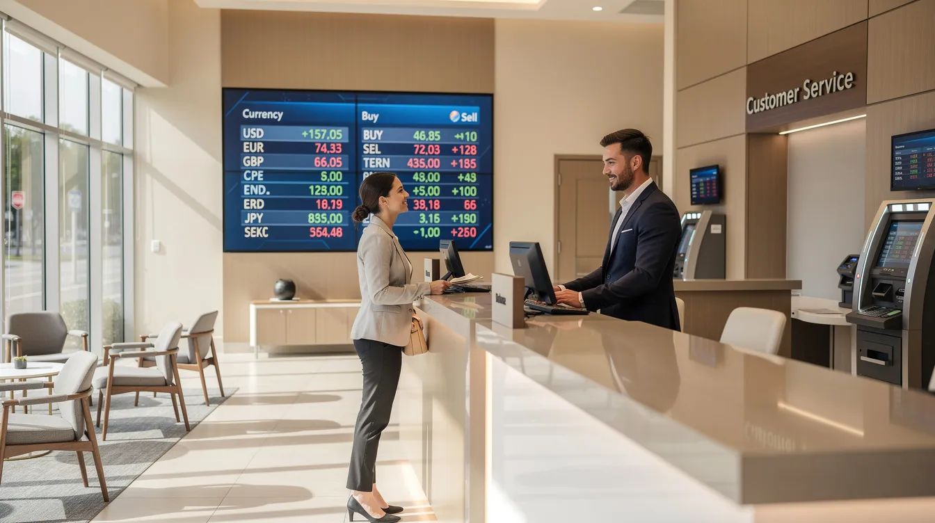 The image shows a modern bank branch interior featuring digital screens displaying current exchange rates, while a customer is being assisted at a service counter by a bank representative. This scene reflects the customer-focused services of South Indian Bank, enhancing the banking experience with technology.