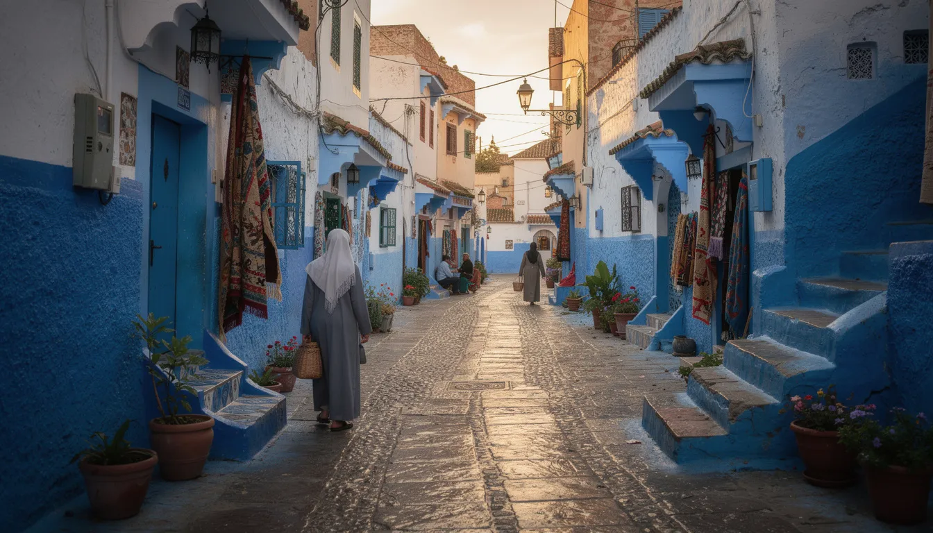 The image depicts the narrow, blue-painted streets of Chefchaouen, known as the "blue city" of Morocco, where local residents stroll amidst the vibrant architecture. This picturesque scene captures the essence of Morocco's rich history and culture, making it an unforgettable experience for those who visit.