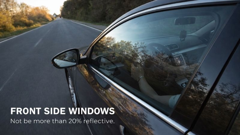 The front side windows of a car showing 20% reflection