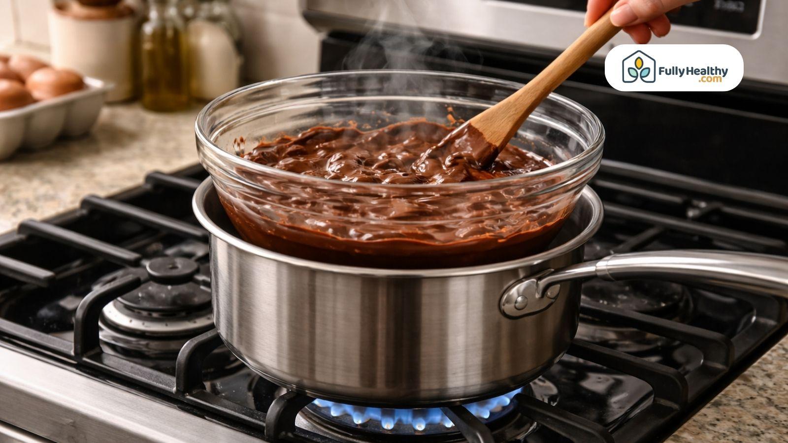 Reheating melted chocolate in glass bowl using double boiler on stove
