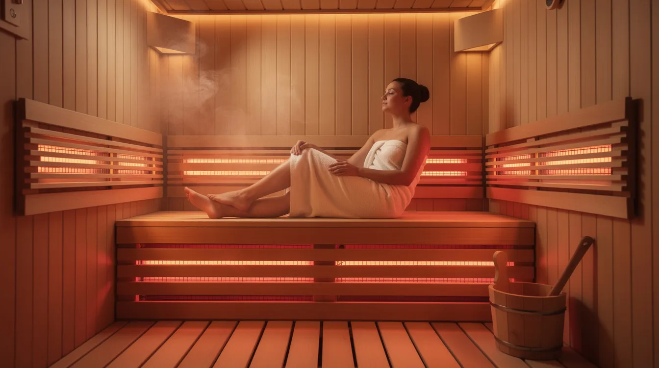 A person is relaxing inside a wooden infrared sauna cabin, bathed in soft lighting, promoting deeper relaxation and stress relief. This serene environment supports muscle recovery and overall well-being, making it an ideal part of a regular sauna routine for health benefits.