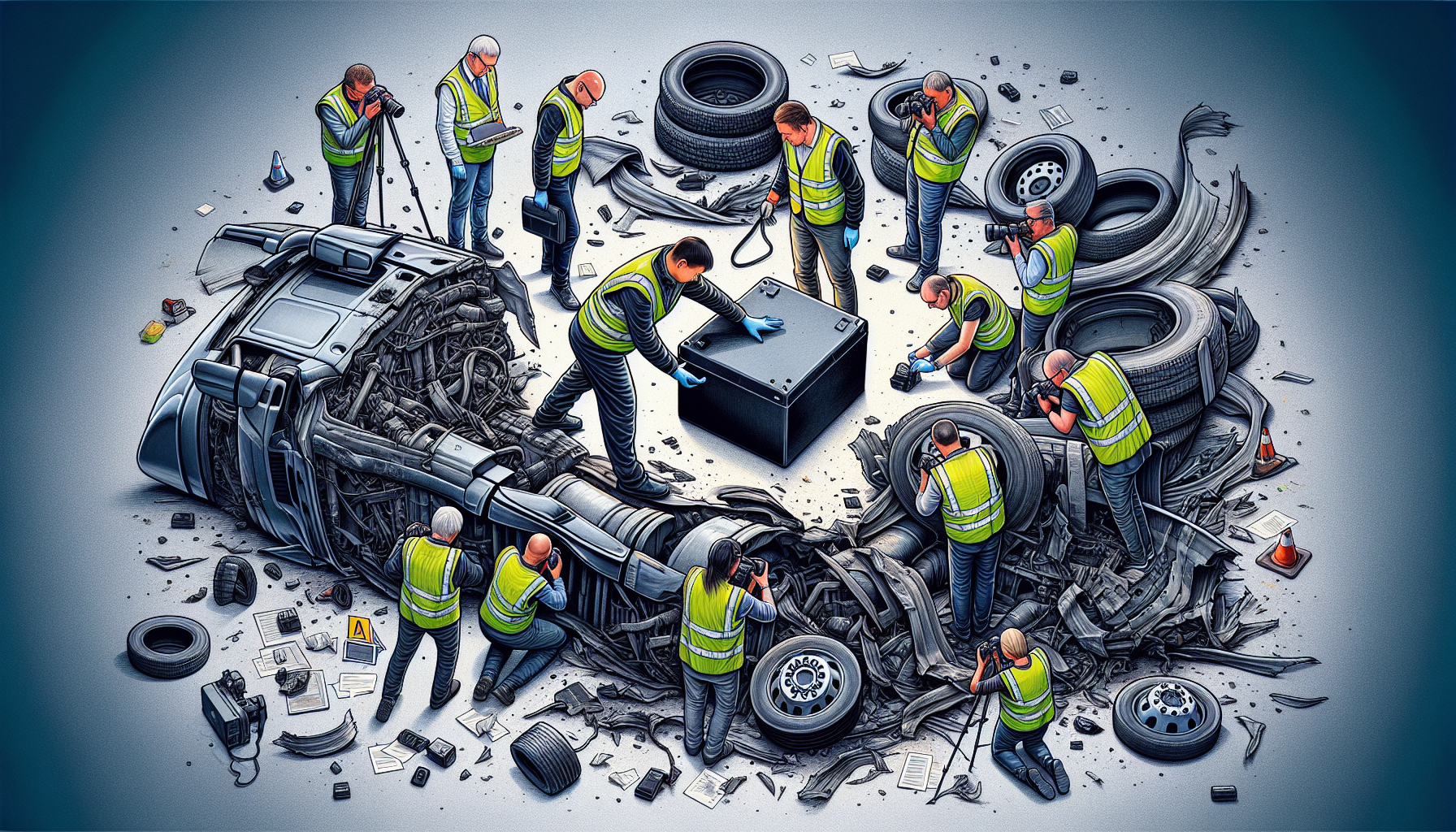 Illustration of gathering black box data and evidence at a truck accident scene