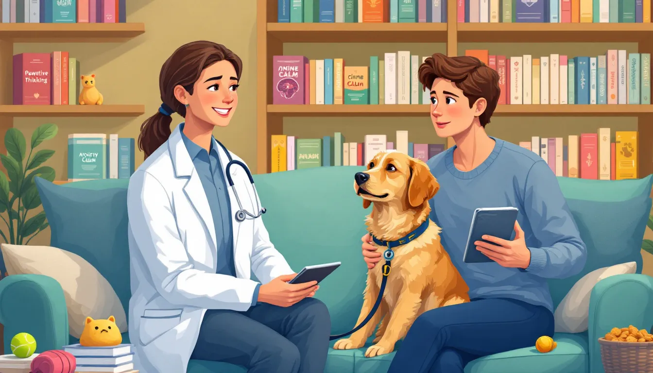 A veterinarian consulting with a pet owner about anti-anxiety options for their dog before a vet visit.