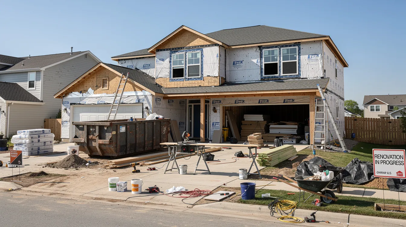 The image shows a residential property undergoing renovation, with various construction tools and materials scattered around, indicating active work. This scene reflects the potential for homeowners to utilize funds from a home equity line of credit (HELOC) to finance home improvements while managing their existing mortgage balance.
