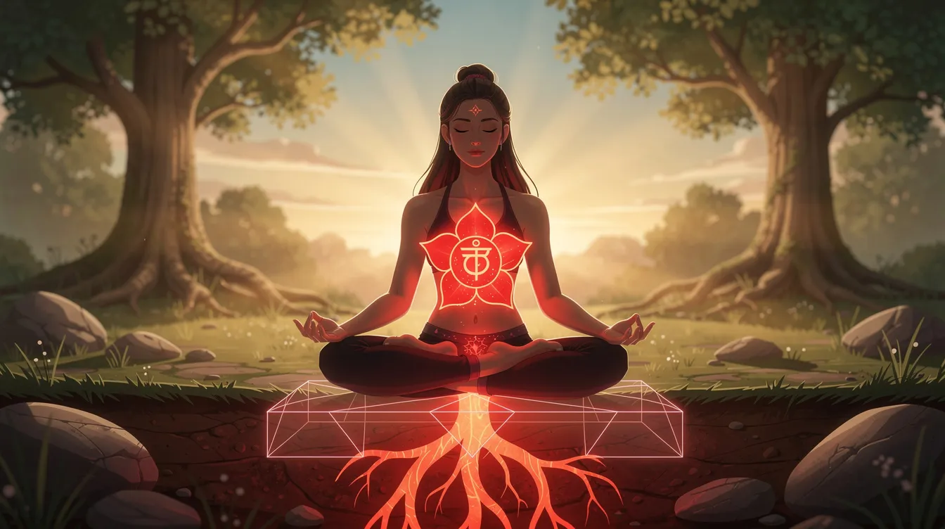 The image illustrates the benefits of a balanced root chakra, showcasing various root chakra stones like red jasper and black tourmaline, which are known for their grounding and protective qualities. It emphasizes the importance of this vital energy center in promoting physical health, emotional balance, and a strong connection to the earth, essential for personal growth and a sense of security in the physical world.