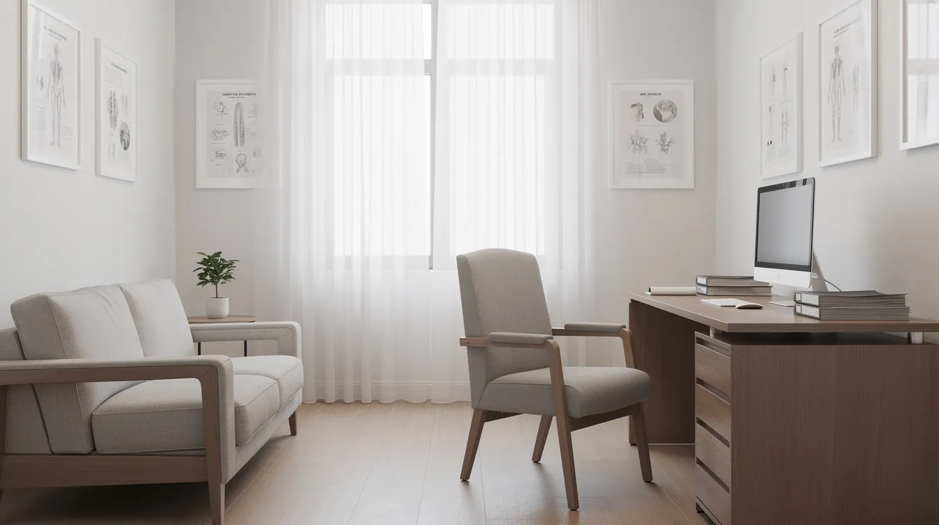 The image depicts a serene and modern medical consultation room featuring soft lighting and comfortable seating, creating a welcoming atmosphere for patients discussing cosmetic procedures such as breast lift surgery. This calm environment is ideal for consultations with a board certified plastic surgeon, where patients can explore their options for enhancing breast appearance and shape.