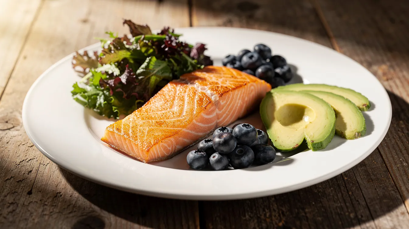The image shows a beautifully arranged plate featuring a salmon fillet alongside leafy greens, blueberries, and avocado, all set on a rustic wooden table. This healthy meal could support many patients in their tummy tuck recovery by promoting a nutritious diet during the healing process.