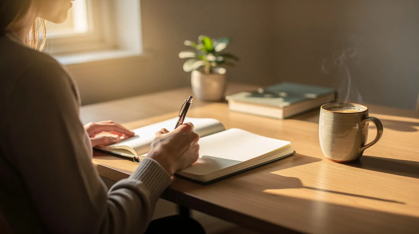 A person sits at a peaceful desk, bathed in warm morning light, writing in a journal while enjoying a cup of coffee. This moment of reflection highlights the importance of self-care and the healing process after a breakup, allowing for the expression of emotions and personal growth.