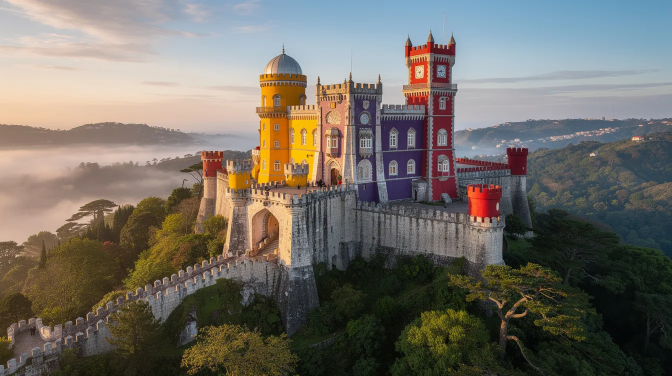 O Palácio da Pena, situado na Serra de Sintra, é um magnífico monumento português, conhecido por sua arquitetura colorida e exuberante vegetação ao redor. O palácio se destaca como um dos principais destinos turísticos de Portugal, oferecendo uma vista impressionante da paisagem circundante.