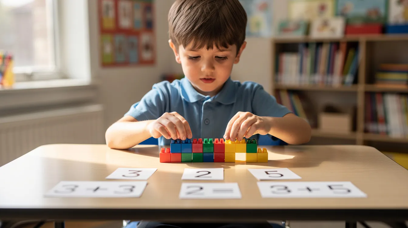 A young child is actively engaged in hands-on learning as they build number sentences using colorful linking cubes on a table. This hands-on activity fosters cognitive development and problem-solving skills, allowing the child to explore abstract concepts through experiential learning.