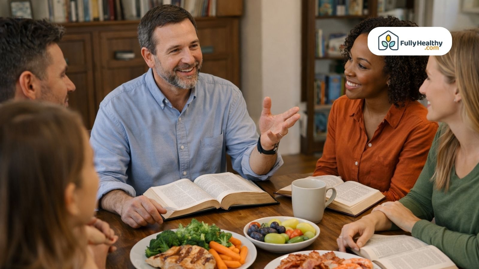 Group Bible study with friends discussing scripture and healthy food together