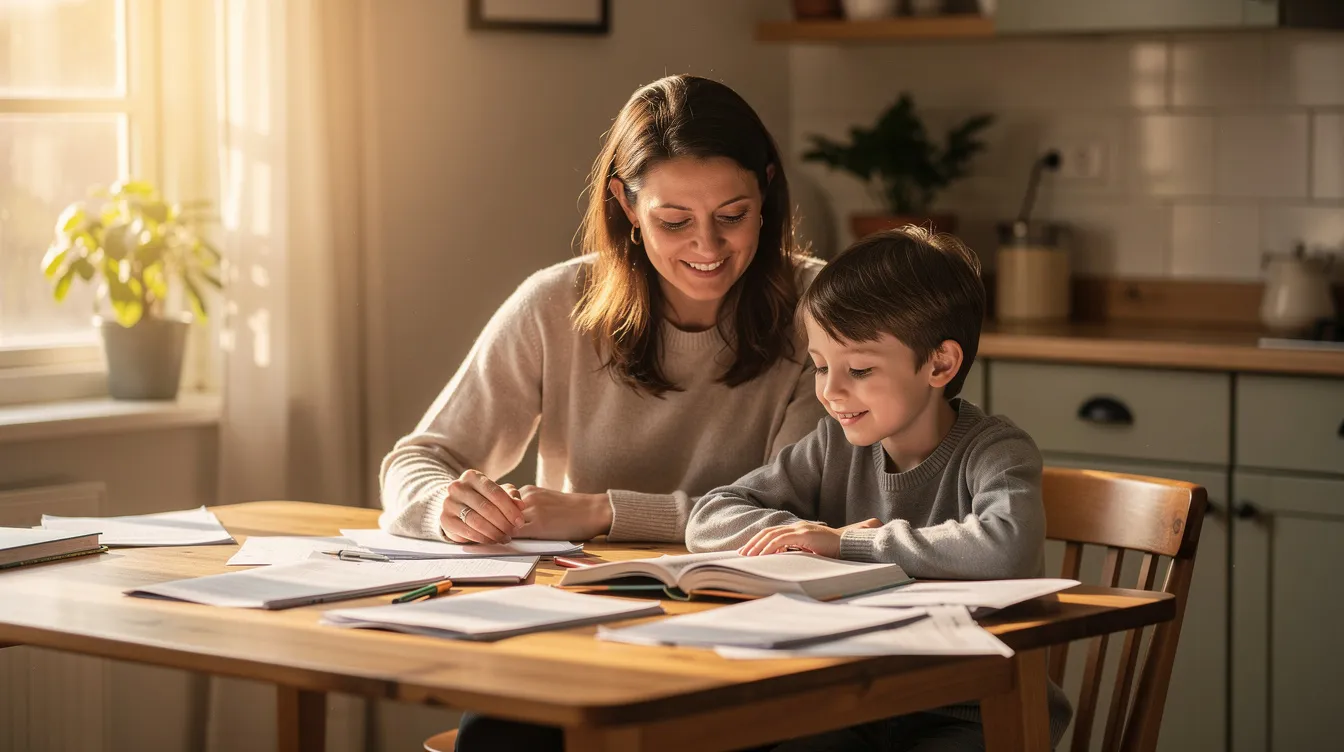 The image depicts a relaxed parent sitting beside a child at a kitchen table filled with books and papers, both engaged in a supportive learning environment. This scene emphasizes the importance of parents helping their child succeed in academic skills, particularly for those who may be struggling learners.