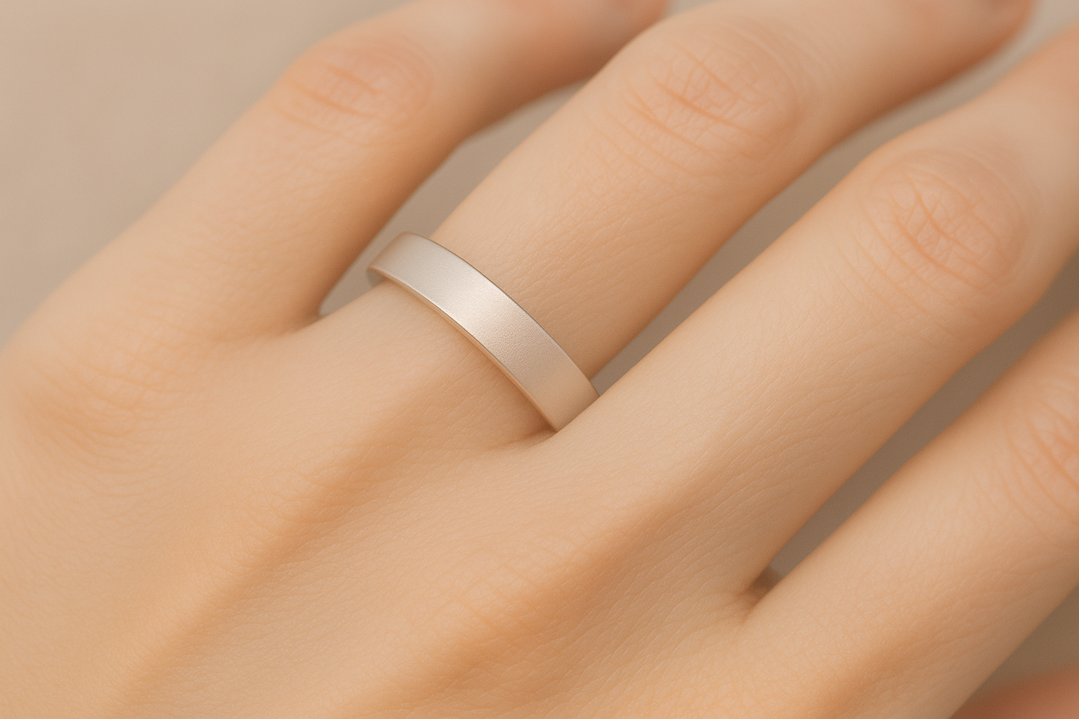 šampaninis natūralaus balto aukso modernus vestuvinis žiedas ant rankos