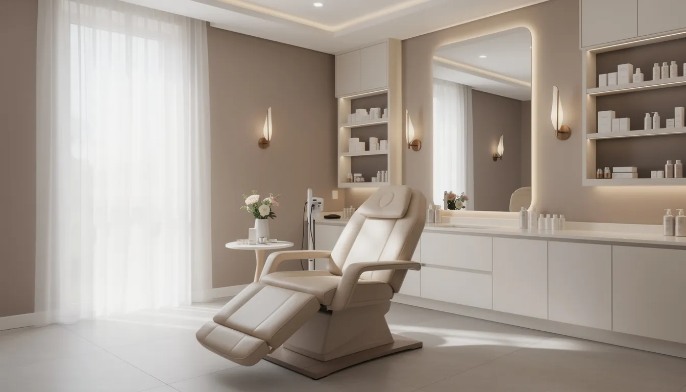 Eleganckie wnętrze gabinetu kosmetycznego z wygodnym fotelem zabiegowym i stonowanym oświetleniem, które sprzyja relaksowi podczas zabiegów pielęgnacyjnych, takich jak zabieg geneo, zapewniający intensywne odżywienie i naturalne dotlenienie skóry. W pomieszczeniu panuje przyjemna atmosfera, idealna do poprawy kondycji skóry i uzyskania promiennego wyglądu.