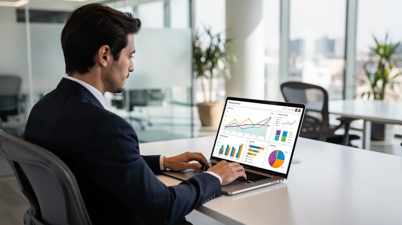 A person is sitting at a desk in a bright, modern office, working on a laptop that displays colorful analytics charts related to digital marketing campaigns. This scene highlights the importance of digital marketing tools and strategies in today's digital world.