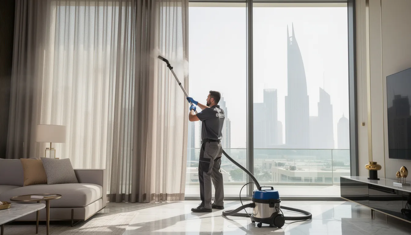 A professional cleaner is using industrial steam cleaning equipment to deep clean floor-to-ceiling curtains in a modern Dubai apartment living room, ensuring the removal of dust and stubborn stains for improved indoor air quality. This scene highlights the importance of reliable curtain cleaning services in maintaining a healthier living space.