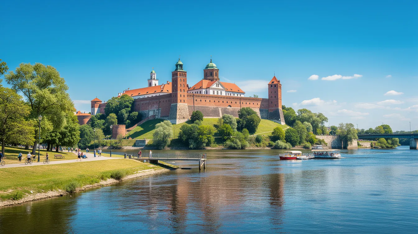 Imagem do Castelo de Wawel, em Cracóvia, com suas torres imponentes refletindo a história polonesa, situado às margens do rio Vístula em um dia ensolarado, sob um céu azul claro. O castelo é um dos principais pontos turísticos da cidade, simbolizando a rica cultura e história da Polônia.