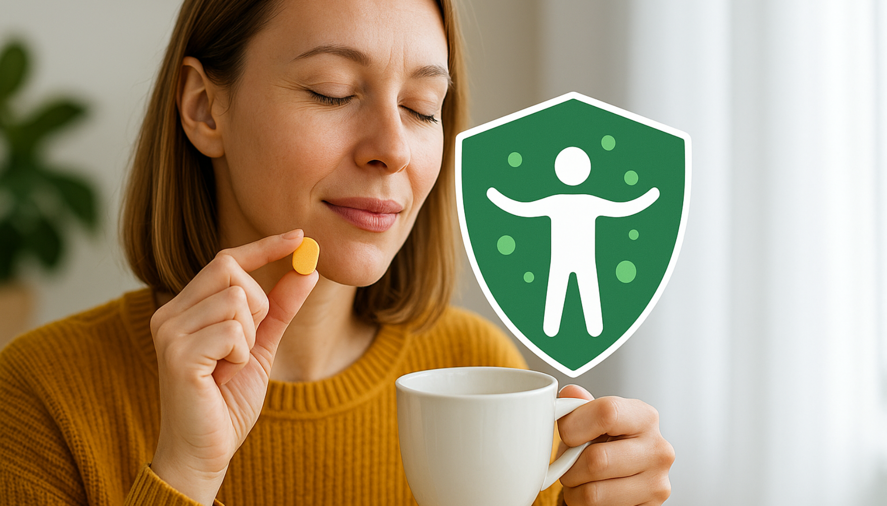 Ingefærshot: En energiboost for immunforsvaret 11 Kvinne holder vitamintablett og kopp mens hun forbereder seg på å styrke immunforsvaret naturlig.