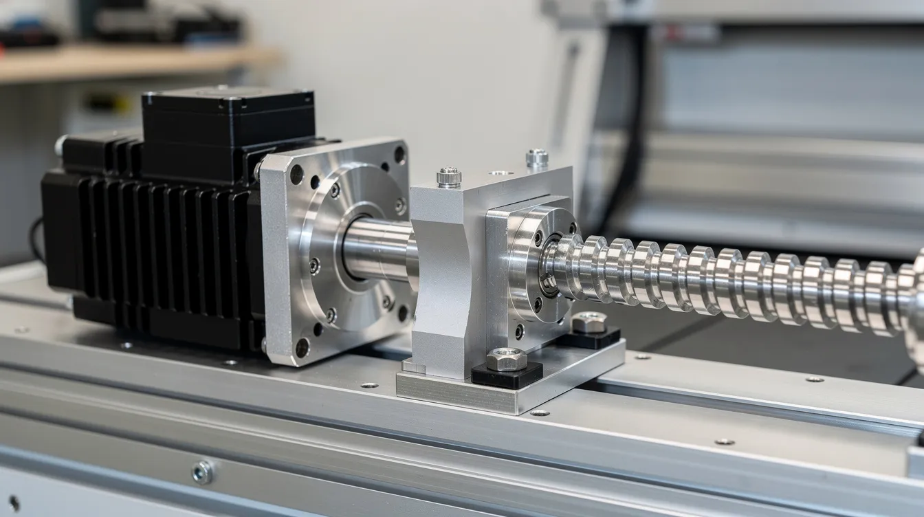 The image shows an industrial servo motor connected to a precision ball screw assembly, which is part of a CNC machine. This setup highlights the integration of CNC technology in modern manufacturing processes, enabling high precision and efficient movement along the machine's axes.