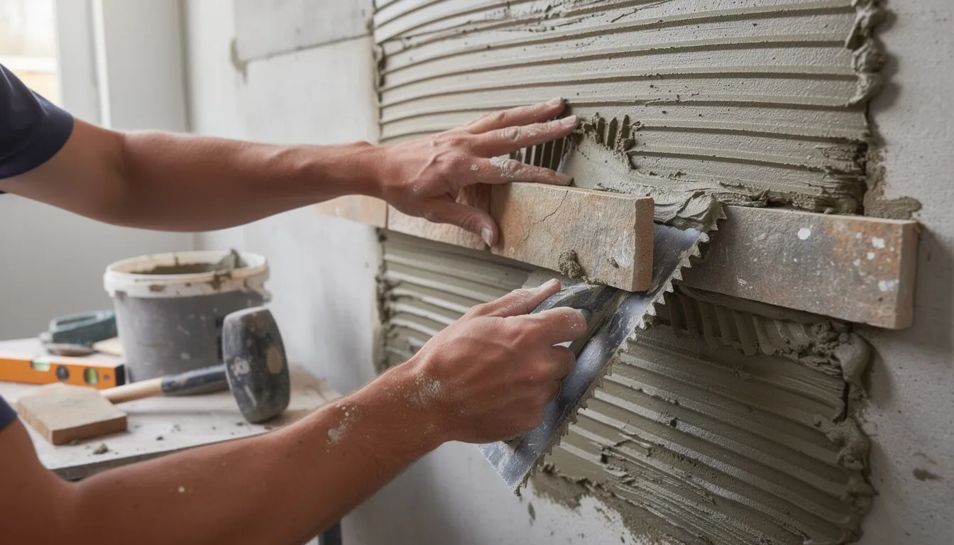 Twee handen brengen zelfklevende steenstrips aan op een vlakke muur met behulp van lijm en gereedschap. De steenstrips hebben een natuursteenlook en creëren een luxe uitstraling voor de achterwand van de woonkamer.