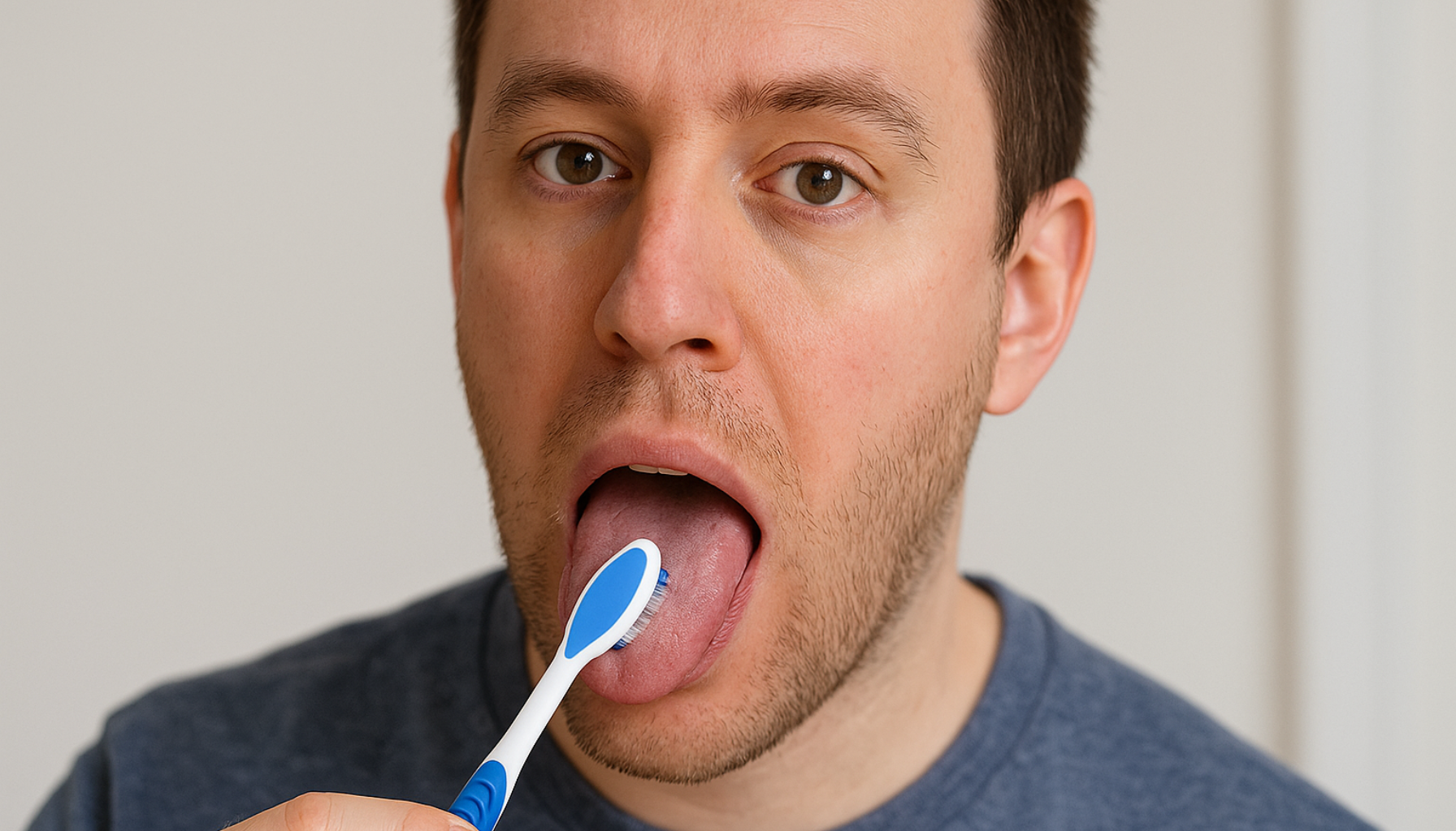 Mann rengjør tungen med tannbørste i nøytral innendørs setting.