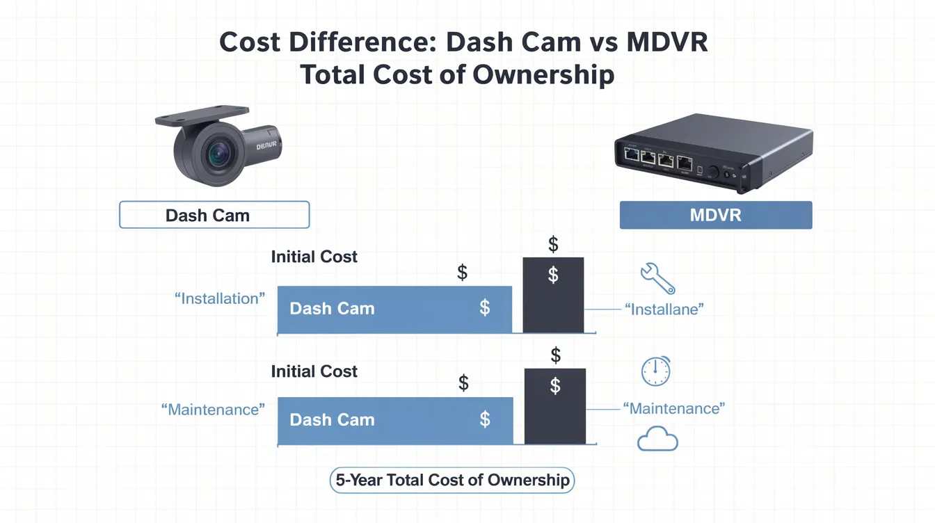 MDVR vs Dash Cam: The image illustrates the cost difference between dash cams and mobile digital video recorders (MDVR), highlighting key factors such as total cost of ownership, installation ease, and features like GPS tracking and video footage capabilities. It visually represents how these camera systems, commonly used in commercial vehicles and fleet management, differ in functionality and user needs, catering to various sectors like rideshare services and heavy-duty trucks.