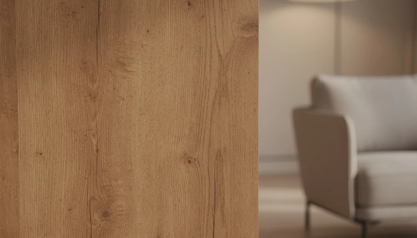 Een close-up van een houten wandpaneel in warme eikenkleur, met zichtbare houtnerf, dat een nette afwerking heeft en naast een stijlvolle designfauteuil staat. Dit paneel is ideaal voor het creëren van een luxe uitstraling in iedere ruimte, zoals de woonkamer of hal.