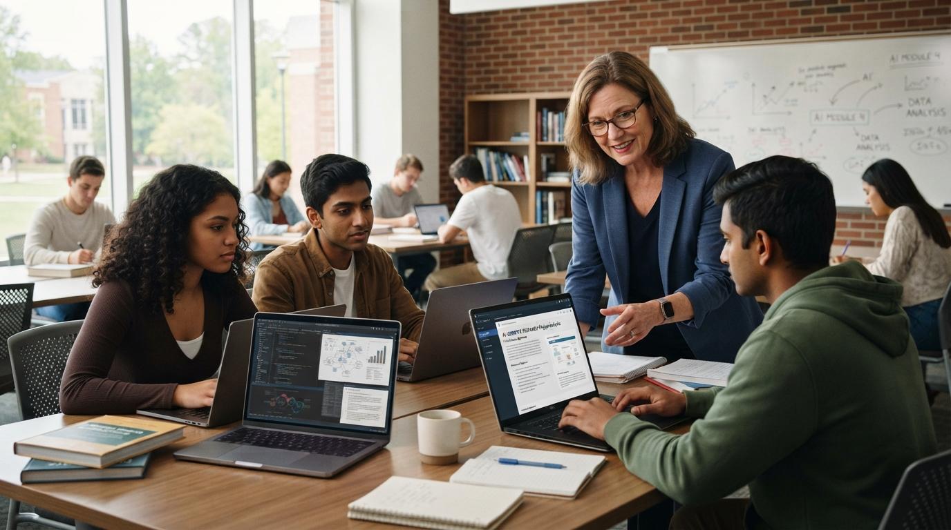 Photorealistic university professor guiding students in a modern classroom while reviewing coursework on laptops, emphasizing curriculum-aligned AI-assisted learning.