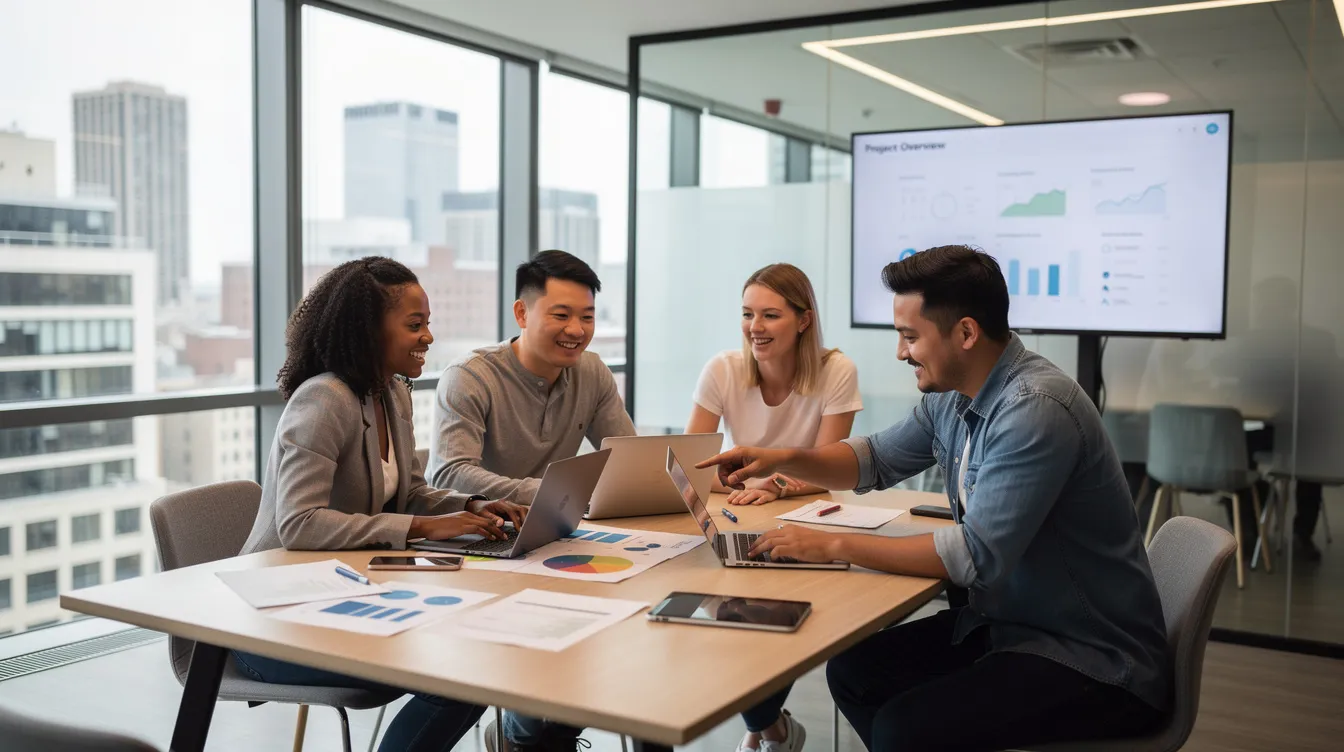The image depicts a diverse team of professionals collaborating in a modern office setting, showcasing individuals engaged in discussion and teamwork. This environment emphasizes the importance of collaboration in addressing issues related to UK businesses and the legal processes they may encounter, such as judicial reviews and class action lawsuits.