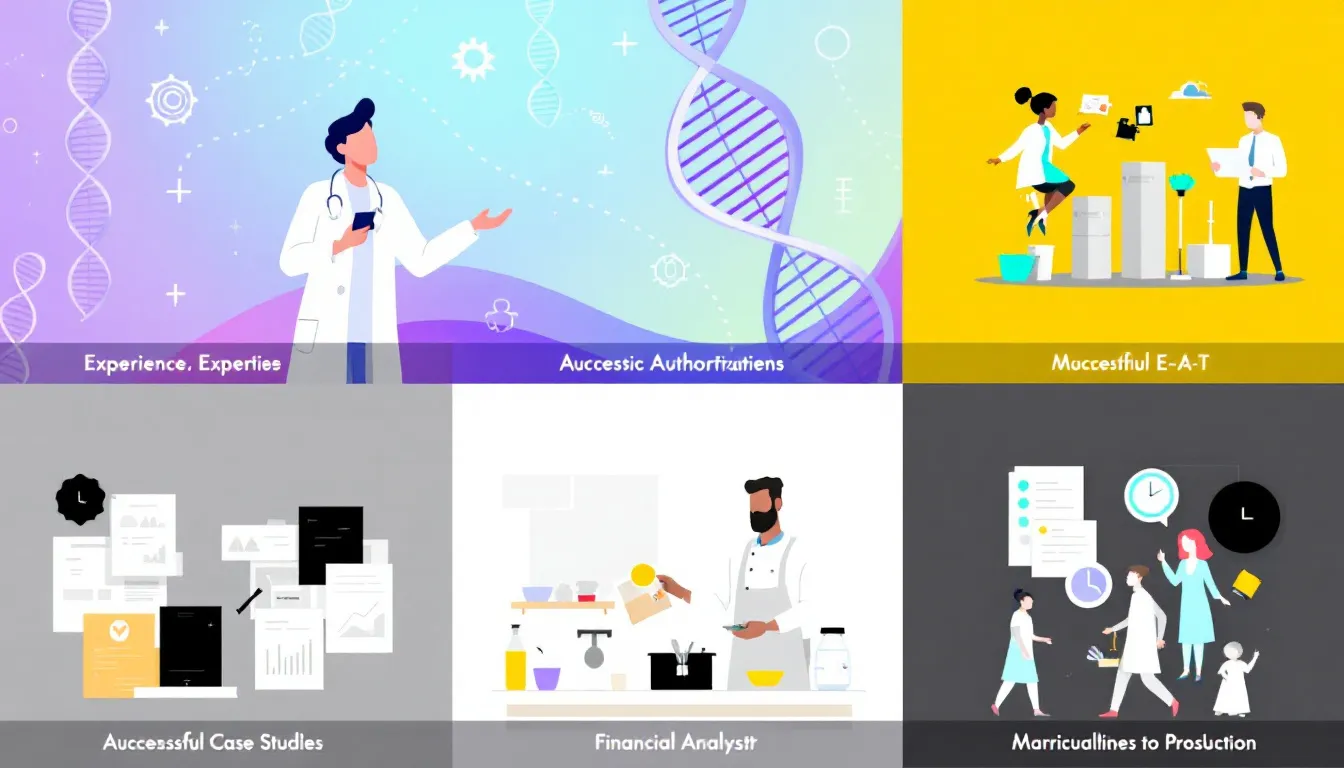 A collage of case studies showcasing successful E-E-A-T implementations.