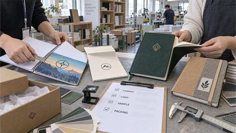 Sourcing specialists reviewing custom notebook formats, fictional logo decoration methods, samples, and packaging before production.