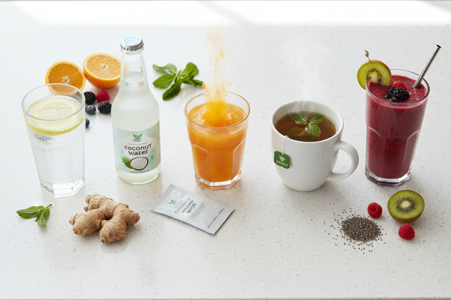 Flat-lay photo of five recovery drink options on a modern kitchen counter: a glass of water, a coconut water bottle, a packet of electrolyte powder in a glass, a cup of herbal tea, and a fresh fruit smoothie.