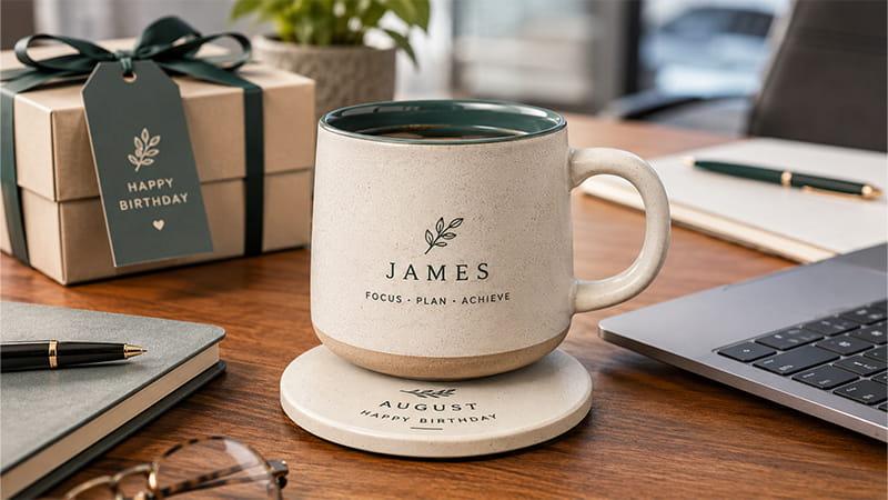 Ceramic desk mug and coaster set printed with a recipient name and short birthday message