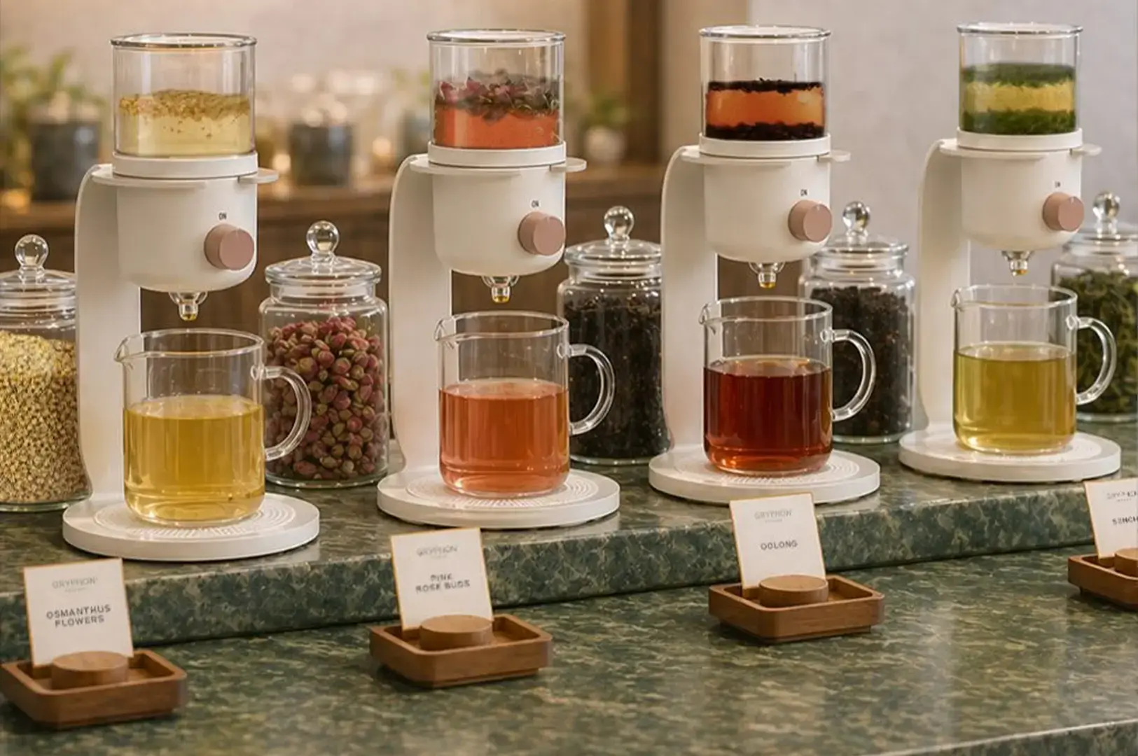 Four modern, white automatic tea brewing machines line a green speckled marble countertop, each actively infusing a different variety of loose-leaf tea in its top clear chamber. Below each dispenser, a clear glass mug catches the freshly brewed liquid, displaying a spectrum of colors from pale yellow to rich reddish-brown. Behind the machines, large glass apothecary jars are filled with bulk dry ingredients like whole pink rosebuds and dark tea leaves, while small, wooden-framed menu signs sit on the counter in front of each station, neatly labeling the options as "Osmanthus Flowers," "Pink Rose Buds," "Oolong," and "Sencha."