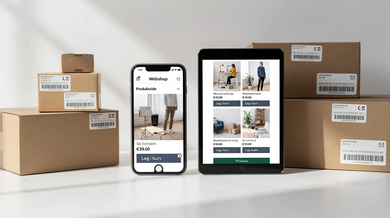 Billedet viser en mobilvenlig webshop præsenteret på både en smartphone og en tablet, placeret ved siden af pakker, der symboliserer e-handel. Denne Magento webshop er designet til at imødekomme kunders specifikke behov med en række funktioner og integrationer, der sikrer en optimal brugeroplevelse.