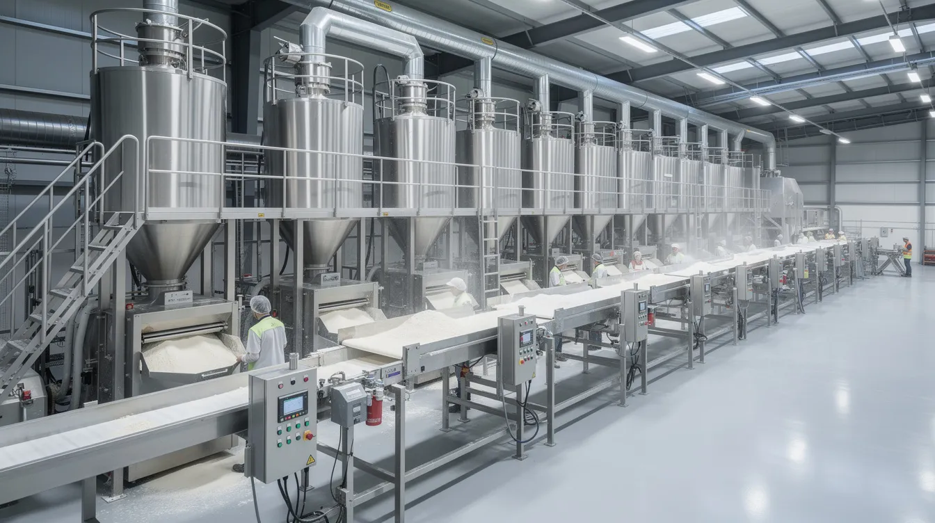 1b7b9960 3348 47fe af74 7a387213d734 The image depicts industrial flour milling machinery inside a modern food processing factory, featuring advanced steel equipment and conveyor systems designed for high production capacity. This setup highlights the essential components of a large flour mill plant, showcasing the efficiency and automation level necessary for meeting market demand in the flour mill industry.