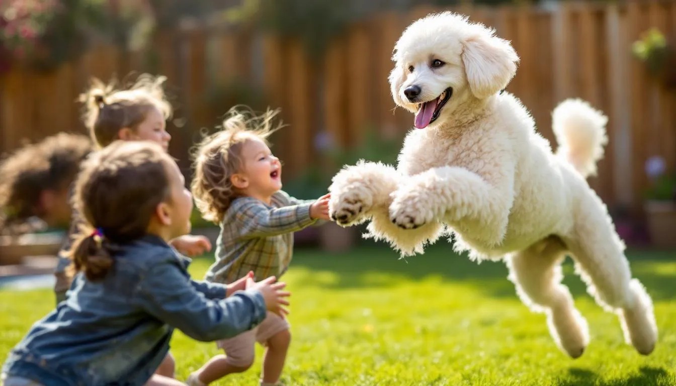 A standard poodle is happily playing with children in a spacious backyard, showcasing its gentle nature as a beloved family pet. The dog