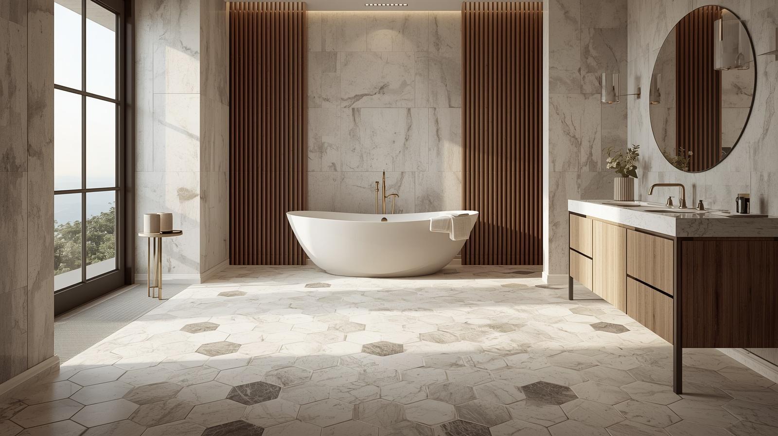 A luxurious, modern bathroom interior bathed in soft, natural light. The scene features striking hexagon tile pattern flooring with contrasting tones, a sleek freestanding bathtub, and a contemporary vanity.