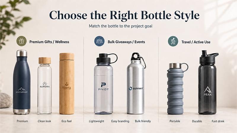 Custom water bottle styles including stainless steel, plastic, glass, bamboo, aluminum, collapsible, and sports bottles