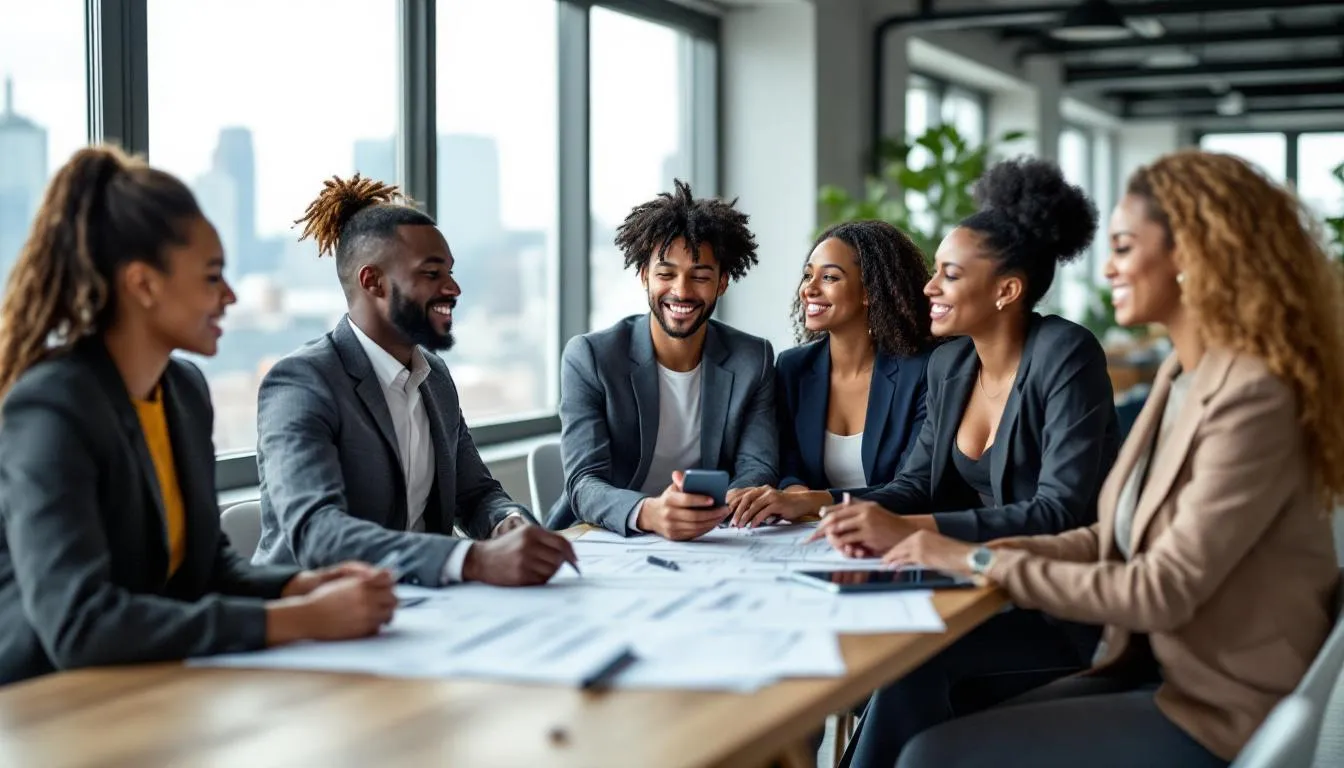 A diverse group of architects and designers is engaged in a lively discussion around a table, embodying solidarity and collective action in the pursuit of fair wages and better working conditions. Their collaboration reflects a commitment to the principles of collective bargaining and the rights of workers within the industry.
