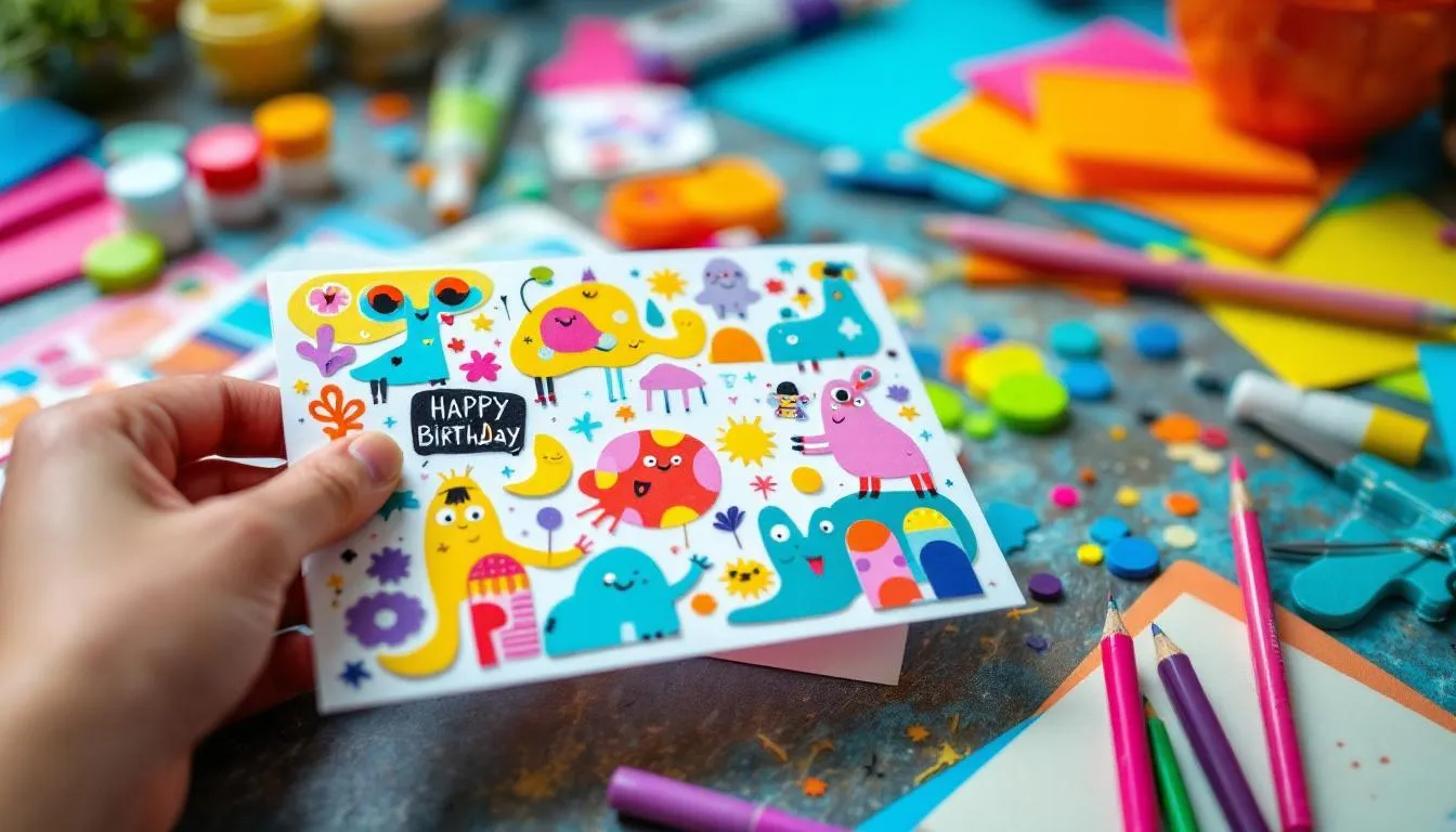 A DIY birthday card creation process with craft supplies.