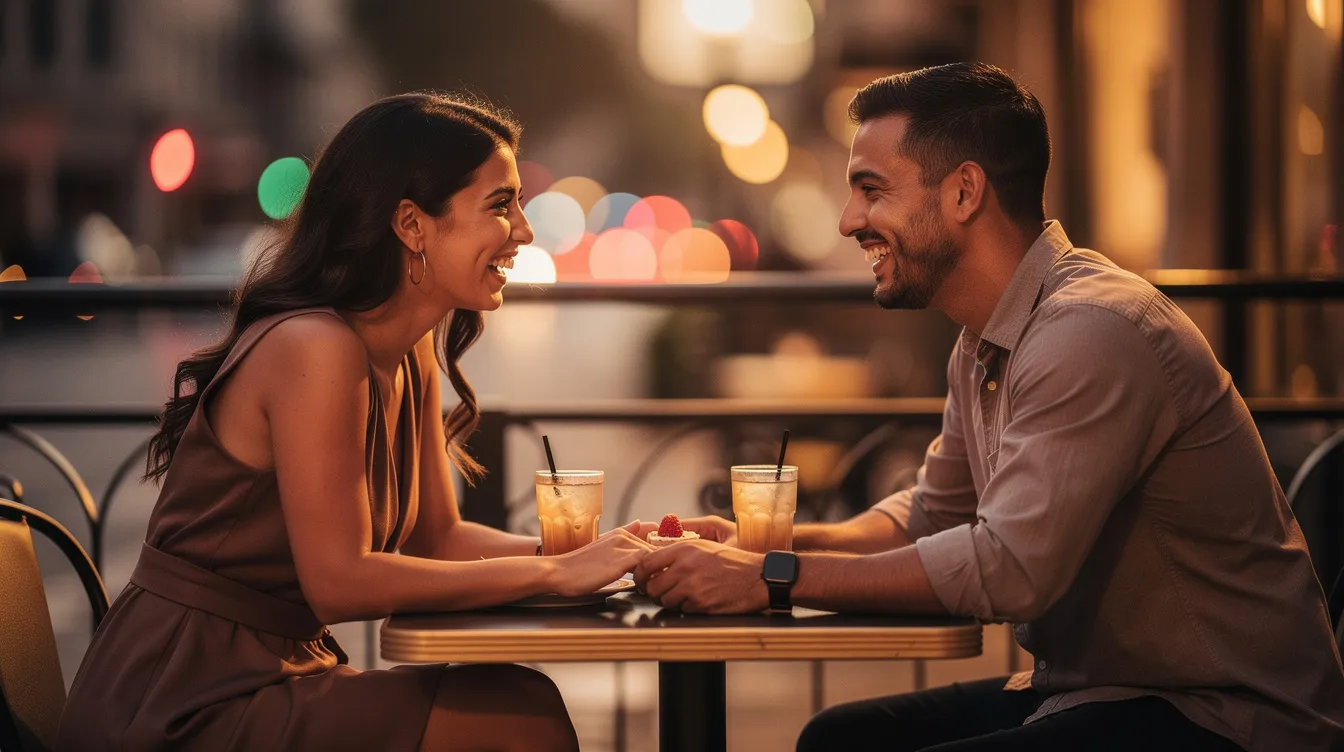 The image depicts a Hispanic couple enjoying a romantic date, showcasing their connection as they communicate and share laughter. They embody relationship compatibility, focusing on each other's needs while exploring their shared values and emotional bond.