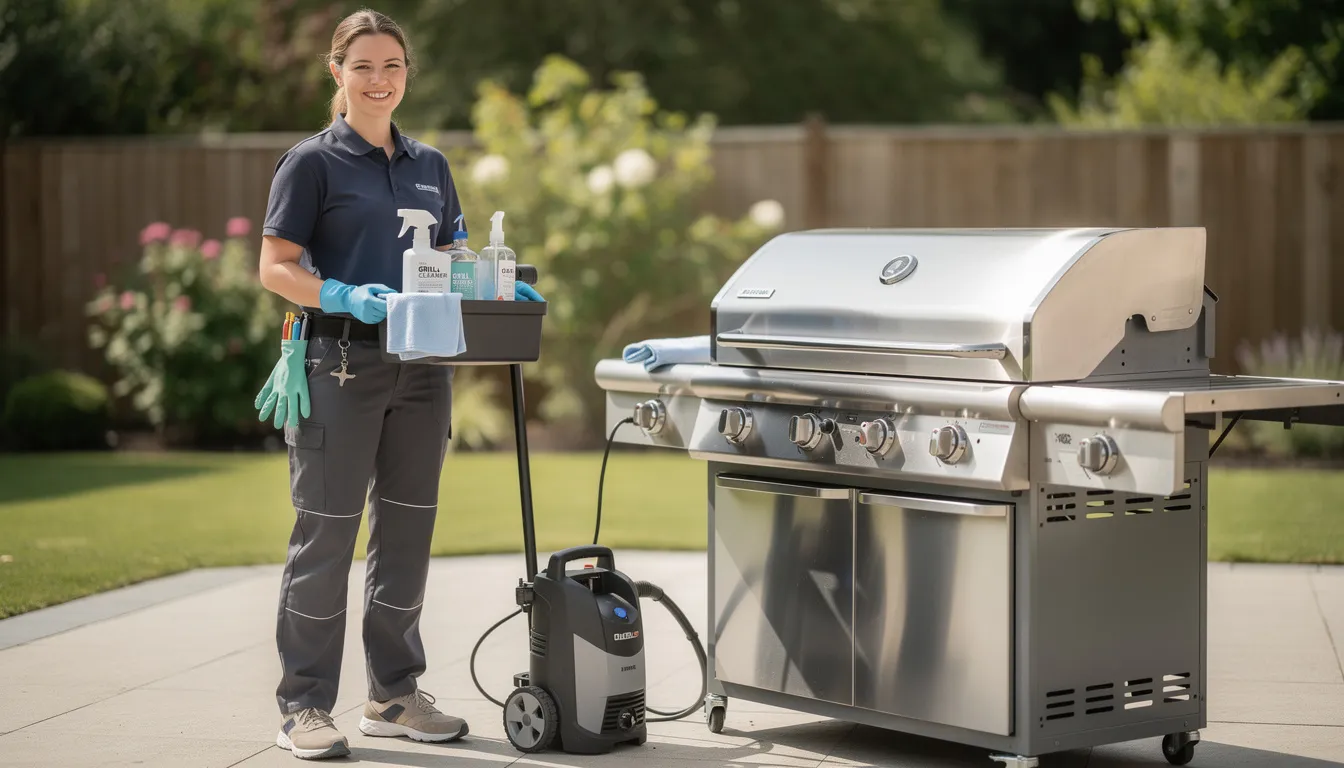 A friendly cleaning professional stands next to a modern outdoor BBQ grill, equipped with various cleaning tools and a steam cleaning machine. This image showcases the dedication to providing quality BBQ cleaning services in Dubai, ensuring a clean grill free from grease and harmful bacteria, while promoting customer satisfaction.