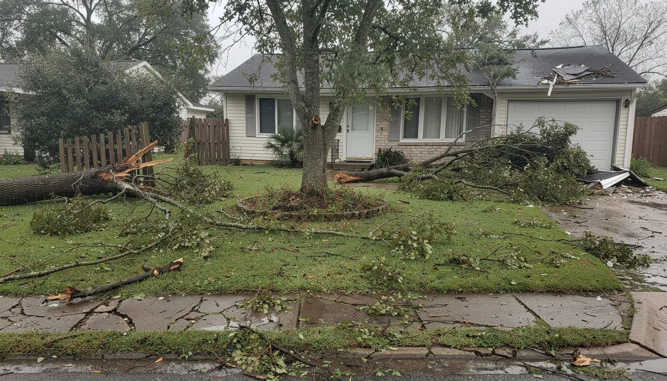 The image shows a residential yard littered with fallen tree limbs and debris after a severe windstorm, highlighting the need for storm damage repair services. The scattered materials pose risks for further damage and may require a professional cleanup to restore the property to its pre-loss condition.