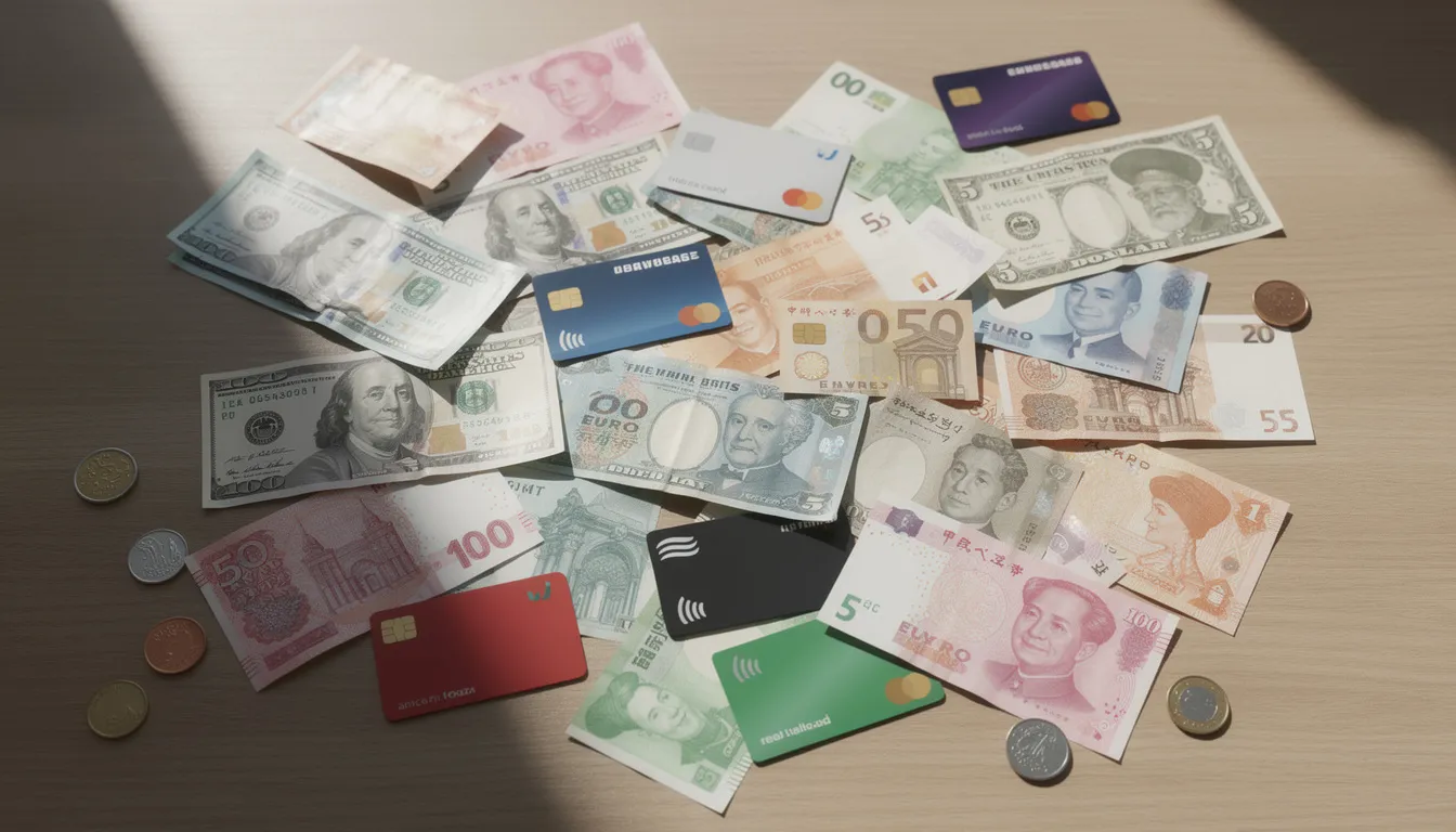 The image features a variety of international currency notes and payment cards arranged on a desk, showcasing multiple currencies and local payment methods. This visual representation highlights the importance of global payments and the diverse options available for processing transactions across different countries.