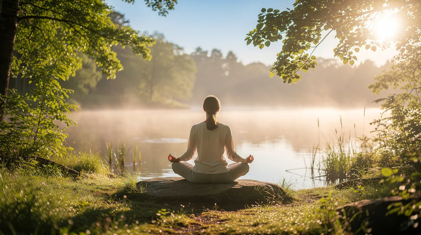 A person is meditating peacefully in a serene outdoor setting, surrounded by lush greenery and bathed in soft morning light, promoting mental health and emotional regulation. This tranquil scene suggests healthier coping mechanisms and natural alternatives for managing ADHD symptoms.