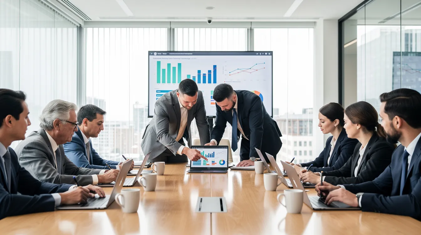 A group of business professionals is gathered around a conference table, intently reviewing data on their laptops during a collaborative meeting. They are discussing how generative AI and AI tools can enhance efficiency gains and address the evolving demands of the labor market in the context of the AI industry.