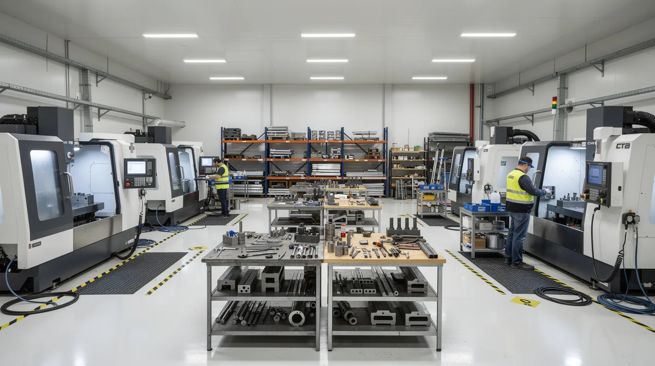 The image depicts a modern metal fabrication shop floor, featuring advanced CNC machines and neatly organized workstations, all illuminated by bright industrial lighting. This environment highlights sustainable practices in the metal fabrication industry, showcasing energy-efficient machinery and a commitment to reducing the environmental footprint through responsible sourcing and recycling initiatives.