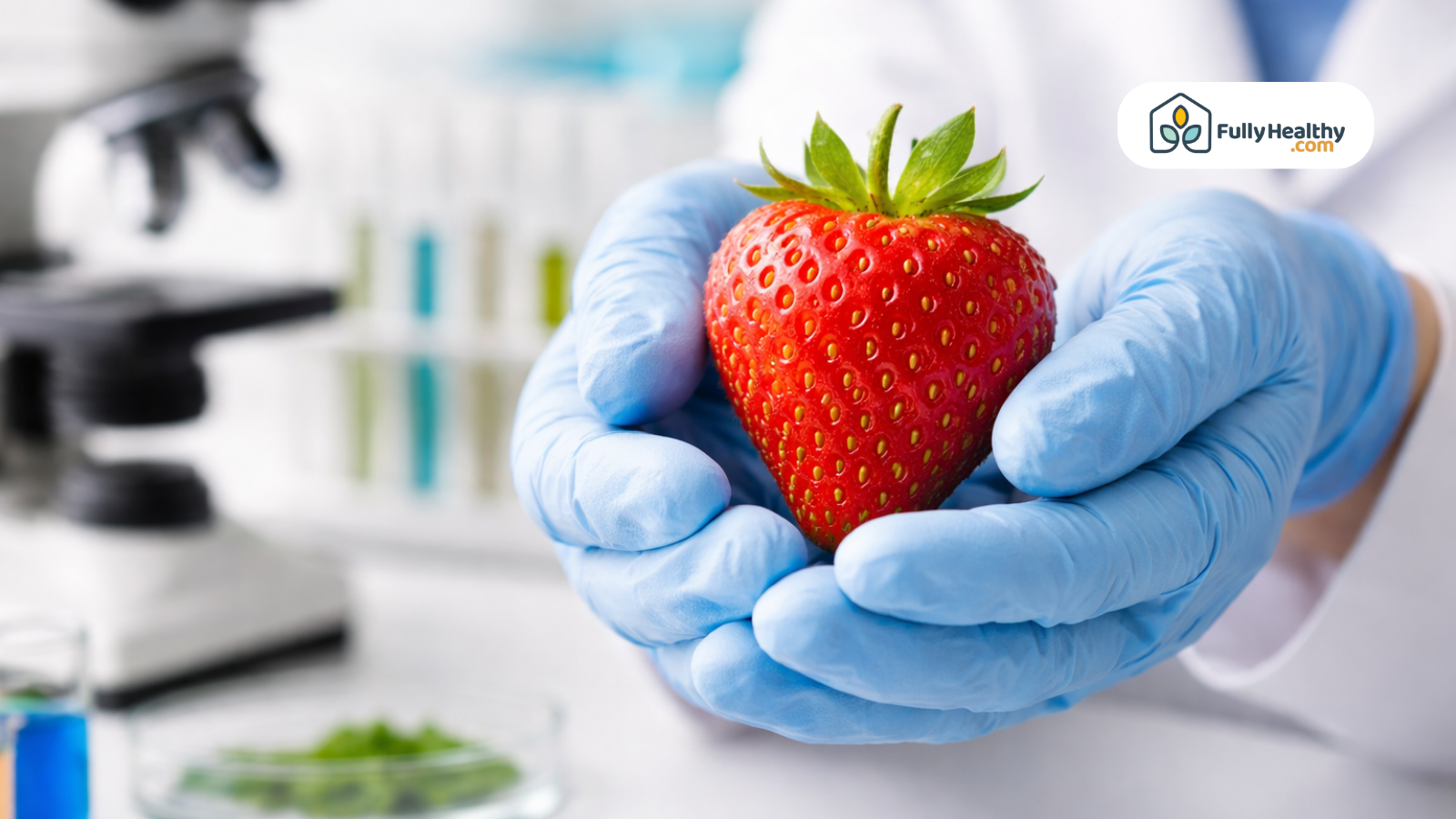 Scientist holding a strawberry in blue gloves inside a laboratory