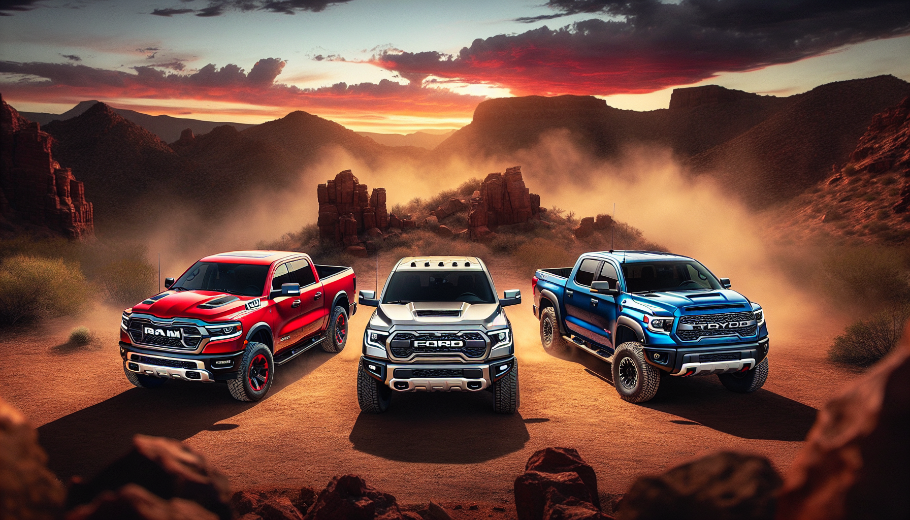 Three powerful pickup trucks on an off-road battleground